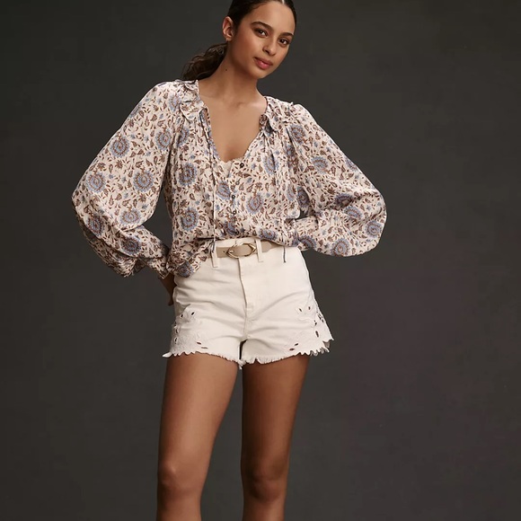 By Anthropologie Button-Front Peasant Blouse Cream Brown and Blue Small - Picture 3 of 8